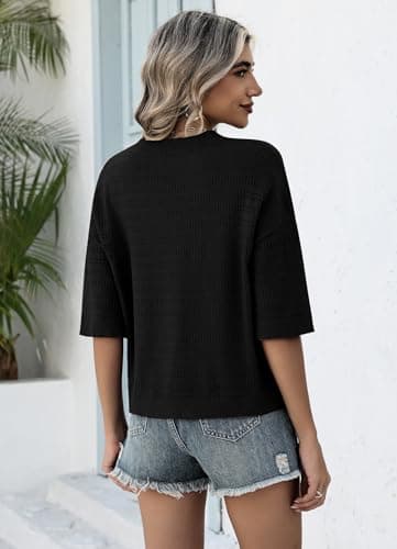 WIHOLL Women Blouses Dressy Casual Summer V Neck Sweaters Lightweight 3/4 Length Sleeve Womens Tops Trendy 2026 Fashion Black M - Thumbnail 5