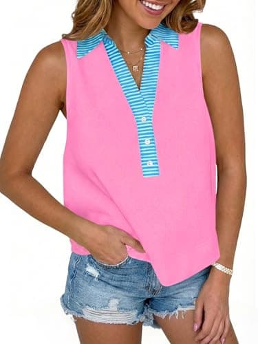 Tankaneo Womens V Neck Cropped Tank Tops Summer Dressy Casual Loose Fit Sleeveless Shirts Button Up Color Block Tees Pink - Image 1