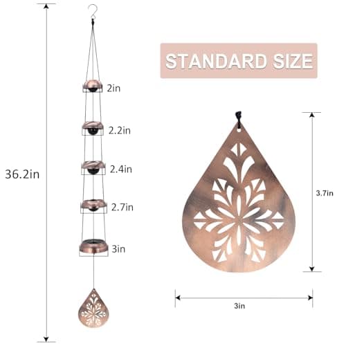 36" Copper Temple Wind Chimes with 5 Bells, Melodious Zen Feng Shui Wind Bells for Outside, Memorial Wind Chime Sympathy Gift with Unique Teardrop Floral Sail, Decorative Garden Decor for Yard Patio - Thumbnail 5