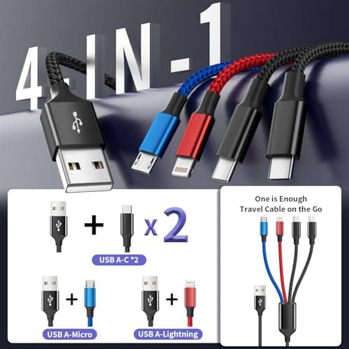 Dual Type-C 4 in 1 Multi Charging Cable for iPhone 17/ Galxy S26, Travel Cruise Essentials, USB Cable iPhone Charger Cord, Charging Cords for iPhone17-8/Androids/iPad and More, Car Charger (2Pack 5FT) - Thumbnail 2