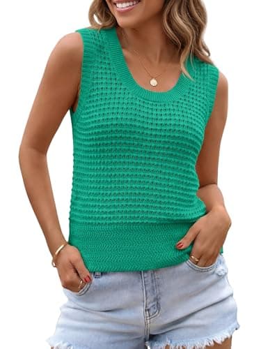 Saodimallsu Womens Summer Crochet Cover Up Sleeveless Scoop Neck Mesh Knit Beach Vacation Sweater Vest Green - Image 1