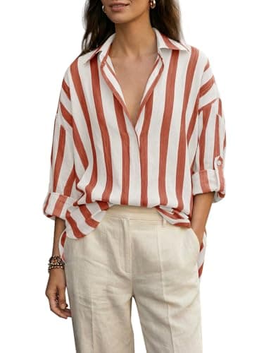 Allison Jennie Women's Boho Vertical Striped Oversized Shirt V-Neck Blouse Lightweight Beach Vacation Top for Summer (03-RED, XXL)