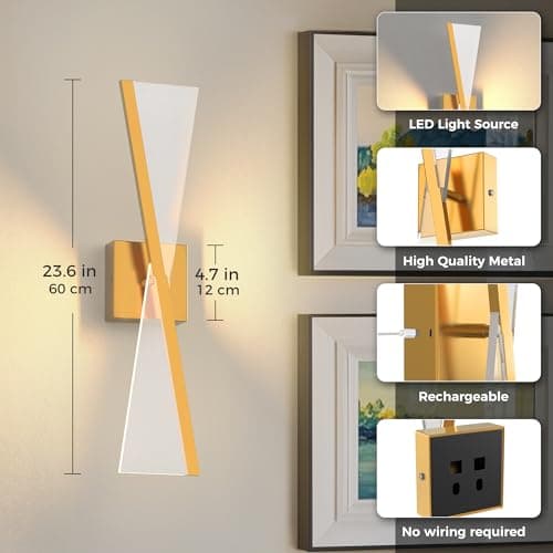 L LOHAS LED Gold Battery Operated Wall Sconces Set of Two, Upgraded Beautiful Design Wireless Wall Sconces Battery Operated, Gold Sconces Wall Decor Set of 2 for Living Room - Thumbnail 6