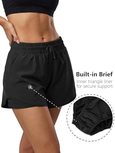 Stelle Women Running Shorts with Pockets High Waisted Drawstring Athletic Workout Quick-Dry Gym Shorts Mesh Liner (Black, XXL) - Thumbnail 4