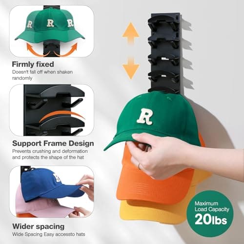 Bhtqdnq 2 Pack Hat Organizer for Baseball Caps, Hat Rack for Wall with Strong Adhesive, Hold Up to 16 Hats, Hat Rack for Door Closet, Multi-Tier Hat Organizer, Two Mounting Options (Black) - Thumbnail 3