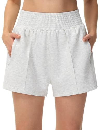 THE GYM PEOPLE Women's Sweat Shorts High Waist Soft Summer Athletic Lounge Short with Zipper Pockets Heather White - Image 1