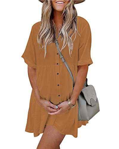 PYGFEMR Women's Short Sleeve Babydoll Dress Button Down Dresses with Pockets Brown 2XL - Image 1