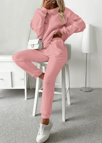 KIRUNDO Sweatsuits Women 2 Piece Outfit Matching Workout Lounge Sets Spring Fall Clothing Tracksuit Airport Travel Outfits(Pink,X-Large) - Thumbnail 2