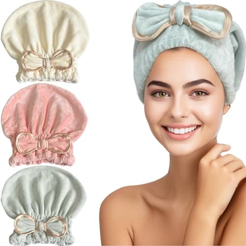 Jseng Microfiber Hair Towel Caps for Wet Hair with Cute Bowtie, 3Packs Fast Drying Hair Towel Caps for Long Curly Hair Women - Image 1