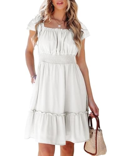 Dokotoo White Sundresses for Women Casual Spring Summer Ruffle Short Sleeve Square Neck Dress with Pocket Elastic Waist Smocked Ruffle A-Line Midi Beach Dress X-Large - Image 1