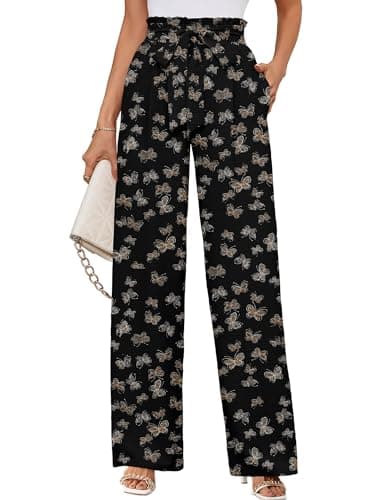 KORSIS Women's Lounge Pants Wide Leg Trousers Lightweight High Waisted Loose Casual Work Elastic Pants with Pockets Black Butterfly - Image 1