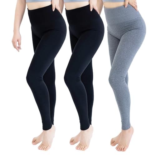 TRIUNION 3 Pack Fleece Lined Leggings Women - High Waisted Winter Leggings for Women Tummy Control Warm Yoga Workout Pants, Black/Light Gery, S/M - Image 1