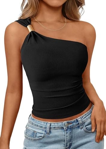 PRETTYGARDEN One Shoulder Going Out Tops for Women Trendy 2026 Summer Y2K Clothes Sleeveless Fitted Spring Fashion Shirts (Black,Large) - Image 1