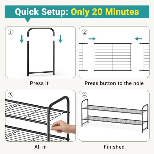 AOODA Long 2 Tier Shoe Rack for Closet Metal Wide Stackable Shoe Storage Organizer for Entryway, Bedroom, Floor, 18-Pairs Low Shoe Shelf, Black - Thumbnail 6