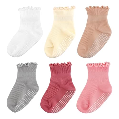 Henland-Jump 6 Pairs Toddler Ruffle Socks for Girls - Baby Grip Socks with Non-Slip, Cute Grippy Frilly Design - Image 1