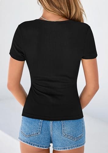 PRETTYGARDEN Womens Short Sleeve Henley Shirts 2026 Summer Trendy Ribbed Tops Fitted V Neck Button Up T Shirts Spring Blouses (Black,X-Large) - Thumbnail 4
