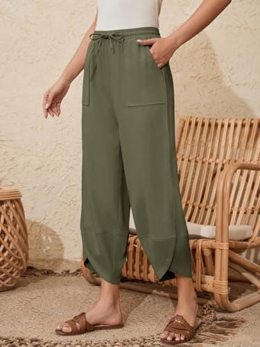 Jiflora Women's Harem Cotton Linen Pants Summer Womens Baggy Wide Leg Pants Beach Drawstring Trousers Green XXL - Thumbnail 2