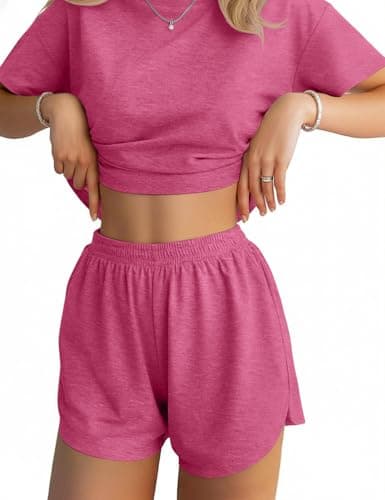 JUSTFASHIONNOW Shorts Pajama Set for Women Two Piece Lounge Set Crew Neck Loungewear Short Sleeve Tee and Side Split Shorts Set Summer Outfits Cute Pj Sets Pink XL - Image 1