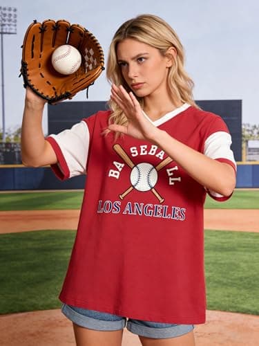 Baseball Shirt Women Baseball Mom Tshirt Baseball Season Game Day Tee Causal Short Sleeve Tops Red - Thumbnail 6