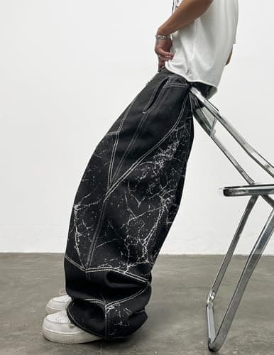 Men's Y2k Baggy Jeans Wide Leg Skater Pants Loose Fit Denim Pantalones Loose Long Trousers Streetwear Rock Black - Thumbnail 3