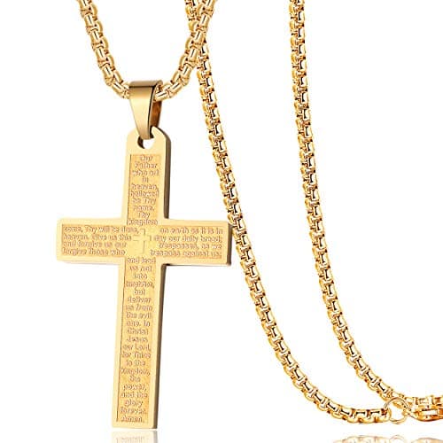 Rehoboth Stainless Steel Bible Verse Our Father Lord's Prayer Cross Pendant Necklaces for Men Women 24 Inch Chain Gold - Image 1