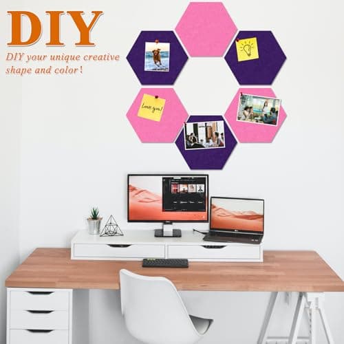 HULAVO Large Hexagon Felt Cork Board Tiles, Self Adhesive DIY Felt Bulletin Board Pin Board with 35 Pushpins for Office School Home Wall Decor Stickers Memos Photos Display(Purple+Pink) - Thumbnail 3