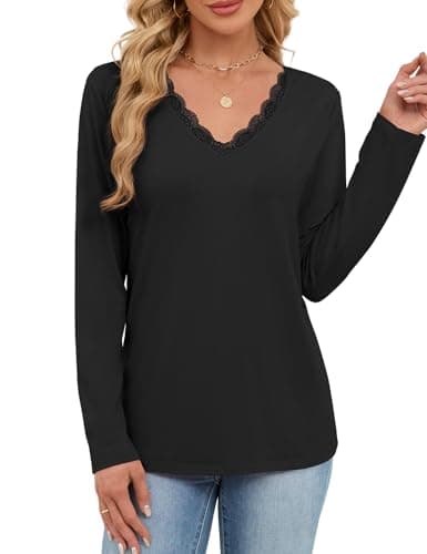 JUSTFASHIONNOW Winter Tops for Women V Neck Long Sleeve Shirts Trendy Lace Shirt Loose Fit Basic Tee Dressy Casual Work Office Outfits 2025 (Black,Medium) - Thumbnail 3