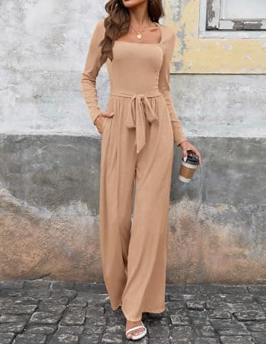 LOOKBOHO Dressy Jumpsuits for Women Casual Square Neck Long Sleeve Wide Leg Elegant 2025 One Piece Jumpsuit Outfits Khaki XL - Thumbnail 2