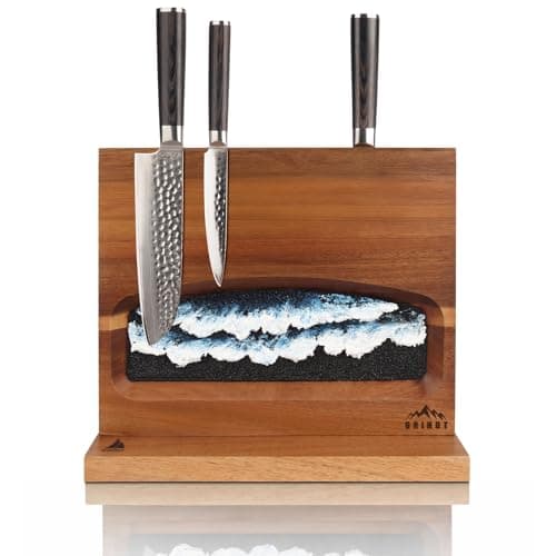 Magnetic Knife Block, Double Sided Kitchen Knife Holder for Countertop, Freestanding Acacia Wood Knife Organizer with Hand-Painted Wave Textured Abstract Painting (Black Blue) - Image 1