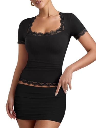 REORIA Women's Square Neck Double Lined Lace Trim Short Sleeves Shirts 2026 Summer Fashion Casual Slim Fitted Tops - Image 1