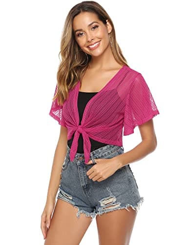iClosam Women Sheer Shrug Tie Front Short Sleeve Cropped Bolero Shrug Cardigan Rose Red - Thumbnail 4
