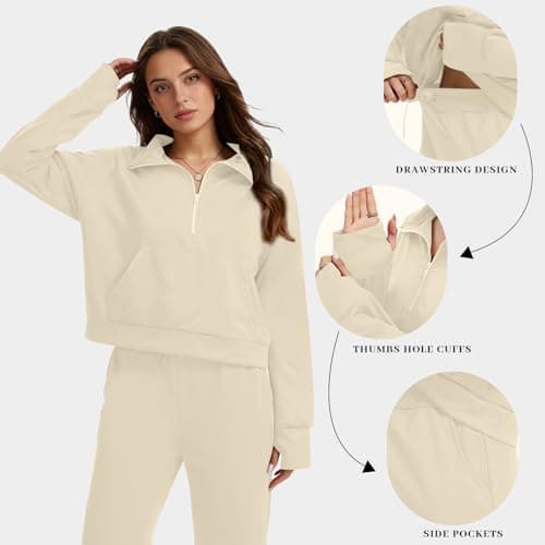 Anyshe Women's 2 Piece Sweatsuit Set Lounge Set Half Zip Sweatshirt with Kangaroo Pocket Thumb Holes Wide Leg Drawstring Pants Casual Tracksuit for Travel Daily Wear, Off White, Medium - Thumbnail 5