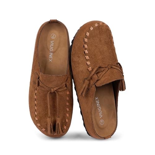 VIUGJNEX Womens Clogs Loafers Slip on Tassel Fringe Suede Mules for Women Comfortable Footbed Potato Shoes with Arch Support Round Toe Office Casual Walking Flats Work Shoes Brown Size 10 - Image 1