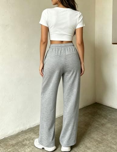 PAODIKUAI Women's Wide Leg Sweatpants Elastic Drawstring High Waisted Straight Leg Lounge Pants with Pockets(Grey,2XL) - Thumbnail 3