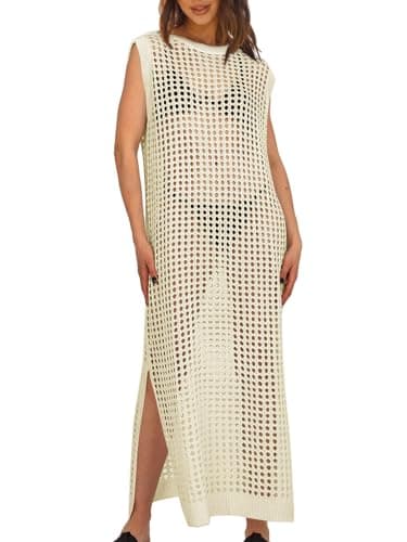Saodimallsu Womens Crochet Swimsuit Coverup Hollow Out Knit Crewneck Sleeveless Side Split Summer Long Beach Dress Beige - Image 1