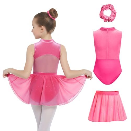 JiAmy Girls Ballet Leotards with Invisible Zipper & Removable Skirt Mesh Back Cutout Dance Dress Outfit for Toddler/Kids Rose Red 7-8 Years