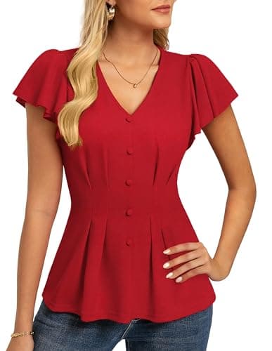 GRACE KARIN Summer Blouses for Women Dressy Casual, 2026 Ruffle Sleeve Peplum Tops, V Neck Business Work Shirts Red 2XL - Image 1