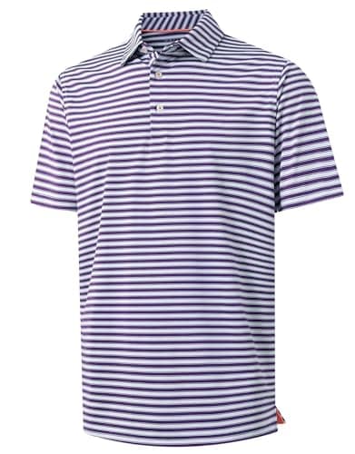 M MAELREG Golf Polo Shirts for Men Short Sleeve Dry Fit Striped Casual Collared Moisture Wicking Men's Golf Shirts Purple White - Image 1