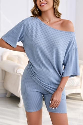 Molirex Womens Pajama Sets Shorts Summer Off Shoulder 3/4 Sleeve Biker Set 2 Piece Sweatsuits Ribbed Knit Matching Outfits Blue 2XL - Thumbnail 2