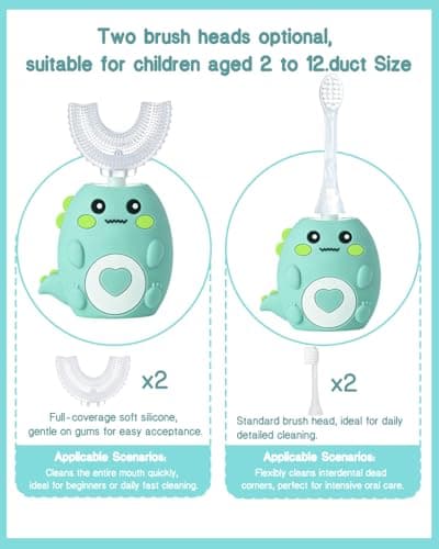 Kids Electric U Shaped Toothbrush, Sonic Automatic Toothbrush Kids with 4 Brush Heads, 3 Cleaning Modes, Cartoon Dinosaur IPX7 Waterproof 360º Round Toddler Electric Toothbrush(Green, Ages 2-12) - Thumbnail 5