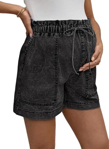 BLENCOT Women Maternity Jeans Shorts High Rise Stretchy Drawstring Plus Size Denim Summer Workout Pregnancy Comfy Clothes with Pockets Large Black - Image 1