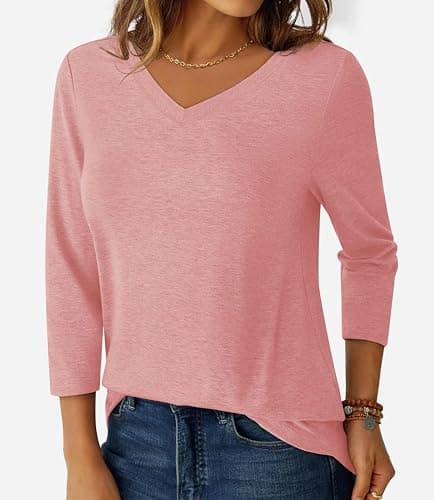 GKBK Womens Tops 3/4 Sleeve Shirts V Neck Casual Blouses Basic Loose Fit Pullover Tshirts Dusty Pink XL - Thumbnail 5