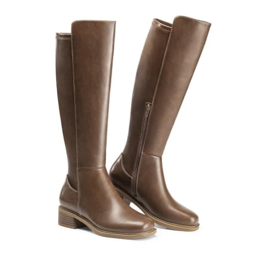 Athlefit Brown Knee High Boots for Women Low Heel Square Toe Leather Stretchy Boots Riding Farm Long Tall Booties with Side Zipper 7.5 - Thumbnail 6