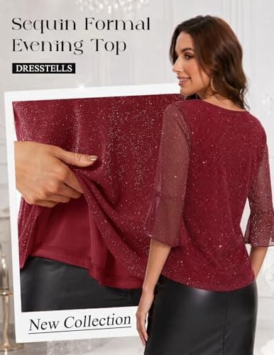 DRESSTELLS Women Sequin Sparkly 3/4 Sleeve Tops Plus Size Blouses Red 3XL - Thumbnail 5