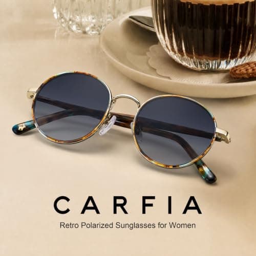 CARFIA Retro Round Polarized Sunglasses for Women UV Protection Acetate Arms Metal Frame Driving Glasses - Thumbnail 4