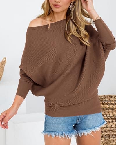 Zenlonr Women's Fall Sweaters 2026 Casual Long Batwing Sleeve Loose Off Shoulder Knit Pullovers Jumper Tops(Brown,X-Large) - Thumbnail 2
