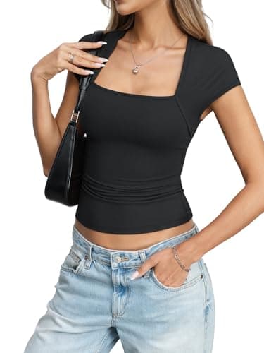 Eachyes Womens Square Neck Short Sleeve Shirts Cap Sleeve Low Cut Tops Sexy Slim Fit Basic Tee Y2k Going Out Cute Summer Crop Outfits 2026 Black Small - Thumbnail 4