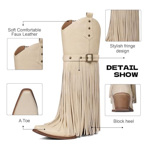 Grakihily Fringe Cowgirl Boots for Women Retro Square Toe Side Zipper Block Chunky Heel Tassel Country Concert Outfits Mid Calf Western Cowboy Boots,Beige Size 8 - Thumbnail 5