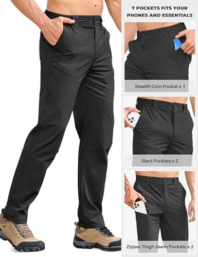 MOURCE Hiking Pants Men 32" - Lightweight Quick Dry Travel Pants for Men with Pockets, Black 32L - Thumbnail 4