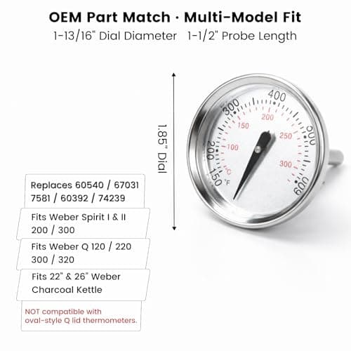 BLUES GRILL PARTS 60540/67031/7581/60392/74239 1-13/16" Grill Thermometer - Replacement for Weber GS4 Spirit I & II 200/300, Q Series (120/220/300/320) & Charcoal Kettle Grills (22''&26'') - Thumbnail 2